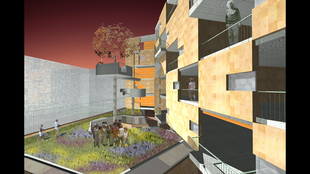 proxecto para concurso de arquitectura de edificio de vivendas tuteladas e centro social en Pamplona