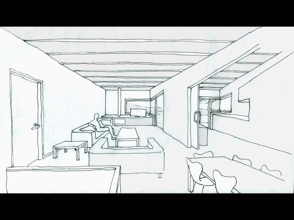 cunchido-006-perspectiva-interior-sala-cocina-entrada-ampliacion-madera-arquitecto-cangas casa pequeña vista seccion forjados presupuesto precio